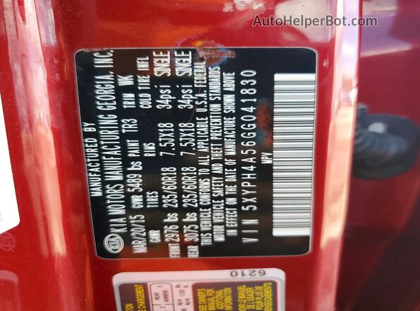 5XYPH4A56GG041830 2016 KIA SORENTO Red 