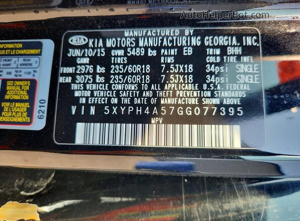 5XYPH4A57GG077395 2016 KIA SORENTO Black Widok naklejki z numerem VIN