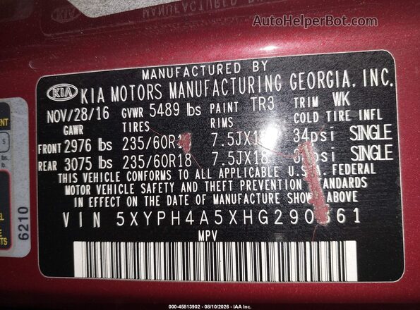 5XYPH4A5XHG290861 2017 KIA SORENTO Red Вид підкапотного простору