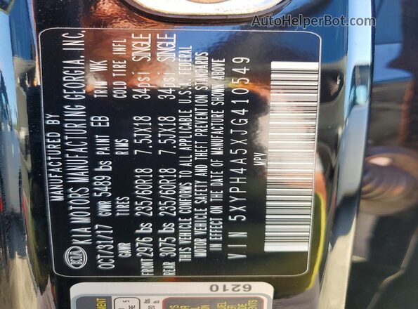 5XYPH4A5XJG410549 2018 KIA SORENTO Black Вид наклейки з VIN-кодом