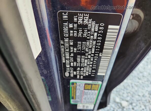 5XYPHDA11JG387580 2018 KIA SORENTO Blue Вид наклейки з VIN-кодом