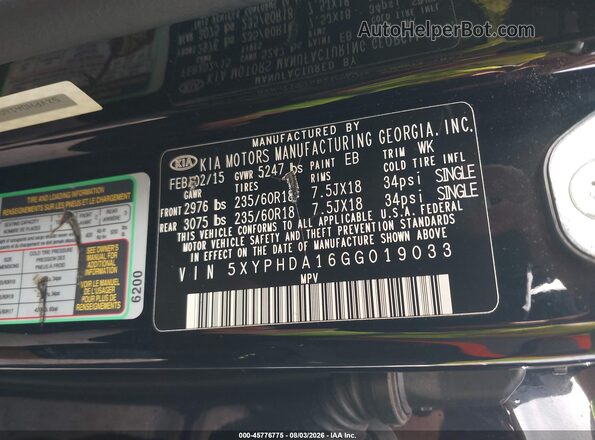 5XYPHDA16GG019033 2016 KIA SORENTO Black Widok komory silnika