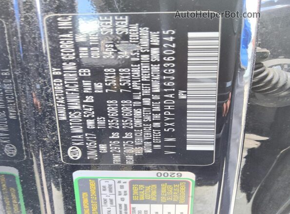 5XYPHDA16JG360245 2018 KIA SORENTO Black VIN sticker view