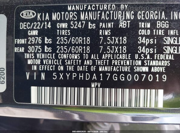 5XYPHDA17GG007019 2016 KIA SORENTO Gray Вид підкапотного простору