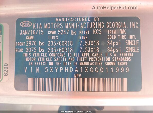 5XYPHDA1XGG011999 2016 KIA SORENTO Silver Շարժիչի բաժամունքի տեսք