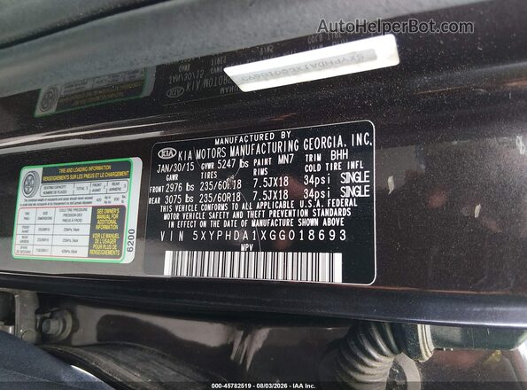 5XYPHDA1XGG018693 2016 KIA SORENTO Burgundy Widok komory silnika
