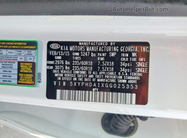 5XYPHDA1XGG025353 2016 KIA SORENTO Белый Вид наклейки с VIN-кодом