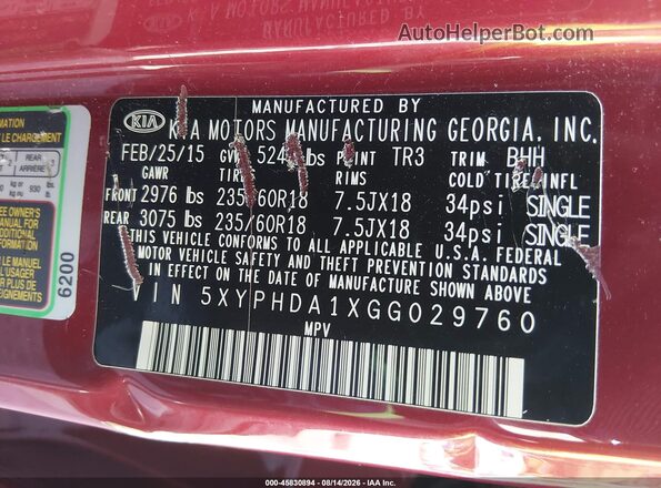 5XYPHDA1XGG029760 2016 KIA SORENTO Красный Вид подкапотного пространства