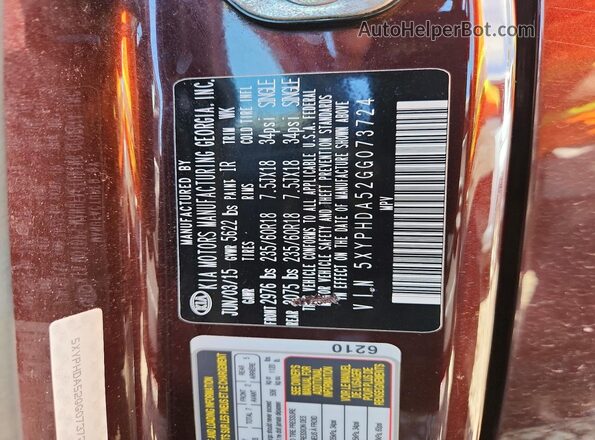 5XYPHDA52GG073724 2016 KIA SORENTO Burgundy 