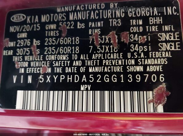 5XYPHDA52GG139706 2016 KIA SORENTO Red Շարժիչի բաժամունքի տեսք