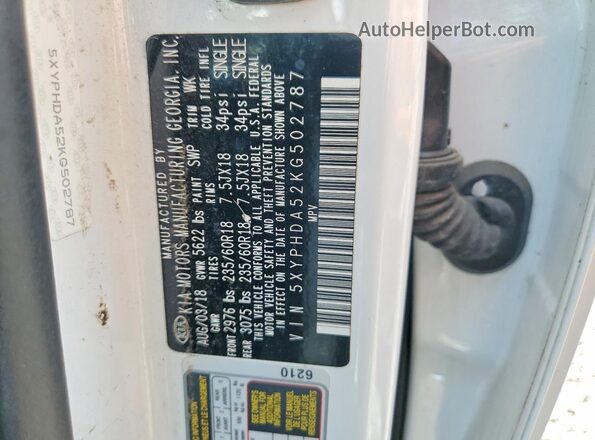 5XYPHDA52KG502787 2019 KIA SORENTO White VIN sticker view