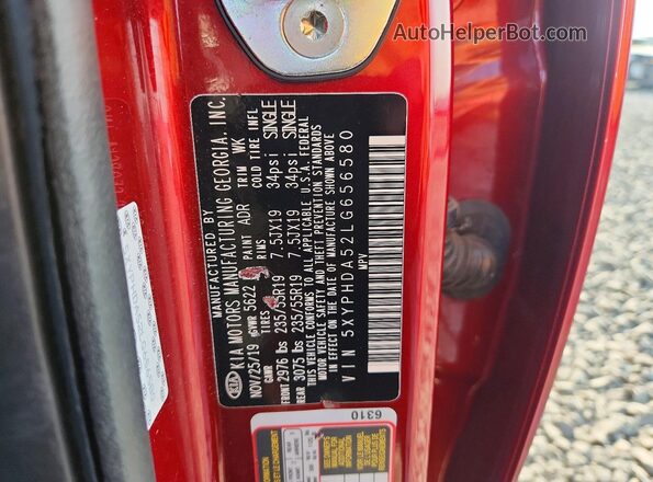 5XYPHDA52LG656580 2020 KIA SORENTO Red Vista interior de 360 grados