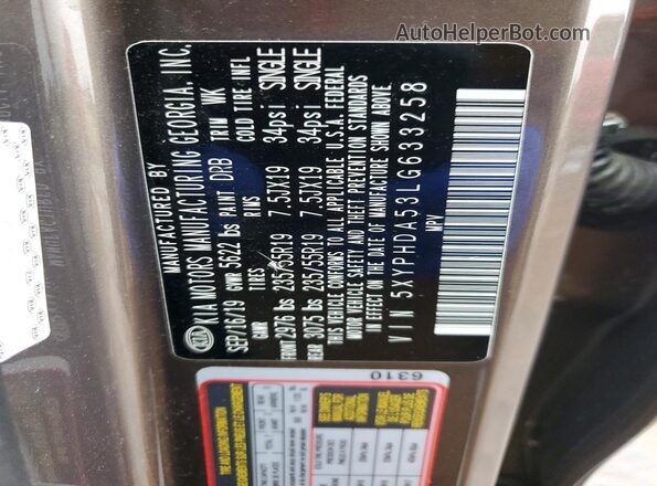 5XYPHDA53LG633258 2020 KIA SORENTO Brown VIN sticker view