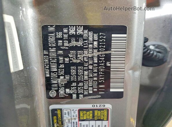 5XYPHDA54GG021527 2016 KIA SORENTO Gray Вид наклейки з VIN-кодом