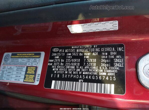5XYPHDA54KG567415 2019 KIA SORENTO  Вид підкапотного простору