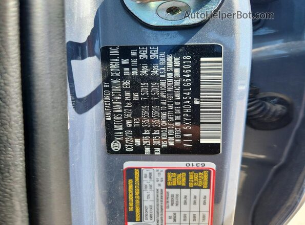 5XYPHDA54LG646018 2020 KIA SORENTO Gray Widok naklejki z numerem VIN