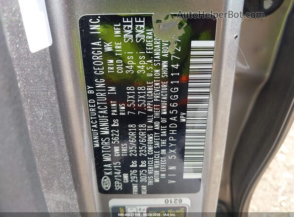 5XYPHDA56GG114727 2016 KIA SORENTO Gray Engine compartment view