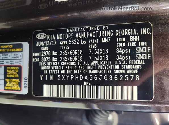 5XYPHDA56JG362578 2018 KIA SORENTO Brown Widok naklejki z numerem VIN