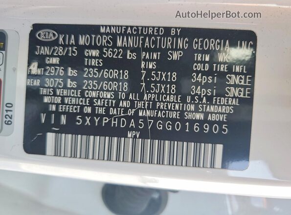 5XYPHDA57GG016905 2016 KIA SORENTO White VIN կոդի պիտակի տեսք