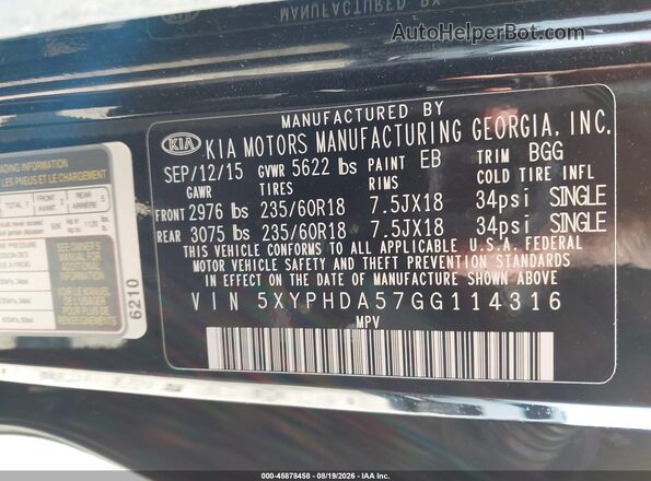 5XYPHDA57GG114316 2016 KIA SORENTO Черный Вид подкапотного пространства