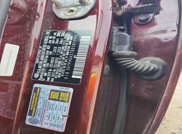 5XYPHDA57GG181093 2016 KIA SORENTO Maroon Вид наклейки з VIN-кодом