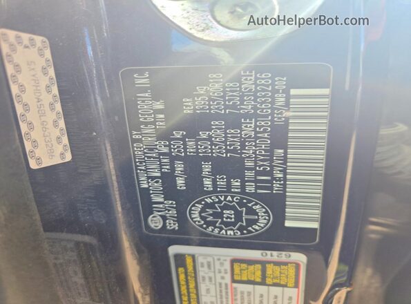 5XYPHDA58LG633286 2020 KIA SORENTO Синий Вид наклейки с VIN-кодом
