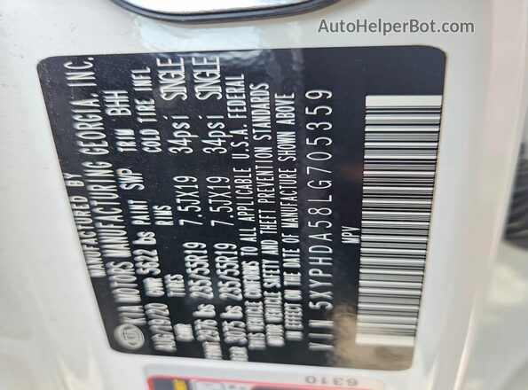 5XYPHDA58LG705359 2020 KIA SORENTO White VIN sticker view