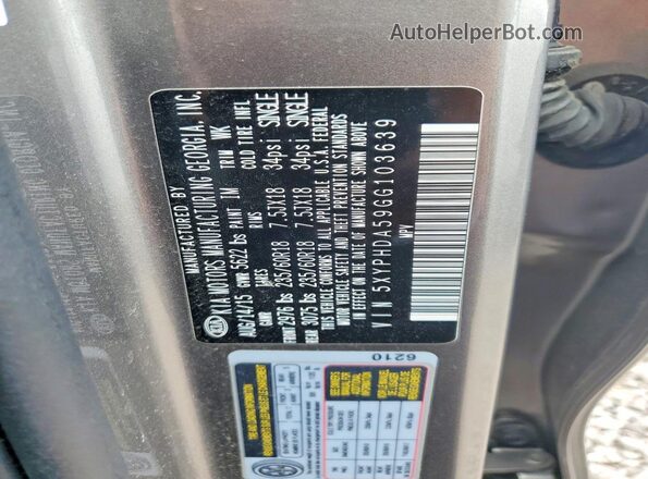 5XYPHDA59GG103639 2016 KIA SORENTO Silver Widok naklejki z numerem VIN