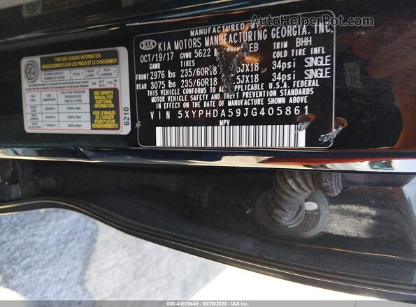 5XYPHDA59JG405861 2018 KIA SORENTO Black Engine compartment view