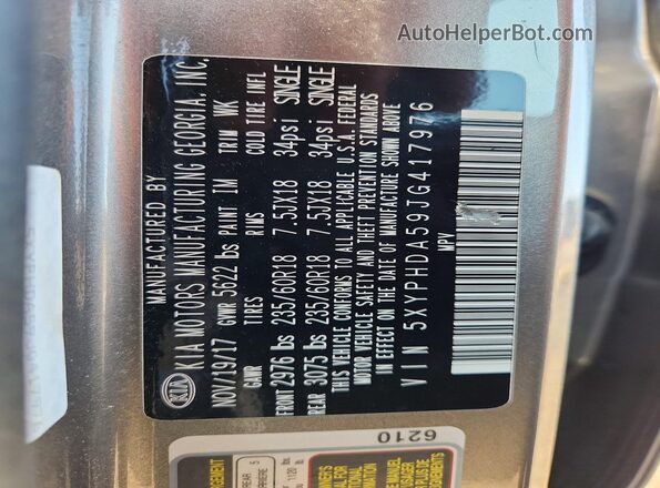 5XYPHDA59JG417976 2018 KIA SORENTO Серый Вид наклейки с VIN-кодом