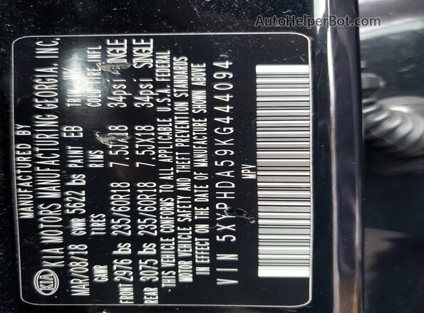 5XYPHDA59KG444094 2019 KIA SORENTO Black VIN კოდის სტიკერის ხედი