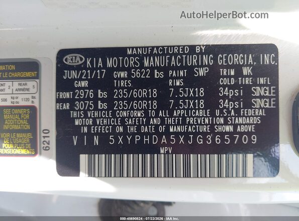 5XYPHDA5XJG365709 2018 KIA SORENTO Белый Вид подкапотного пространства