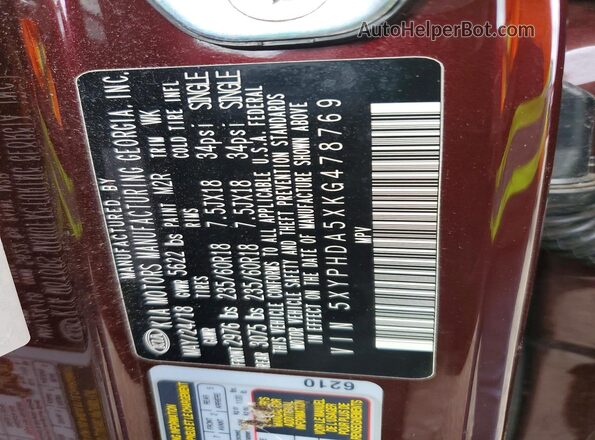 5XYPHDA5XKG478769 2019 KIA SORENTO Burgundy VIN sticker view