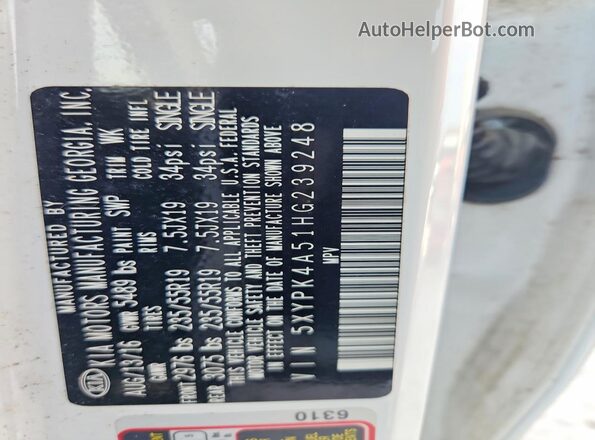 5XYPK4A51HG239248 2017 KIA SORENTO Белый Вид наклейки с VIN-кодом