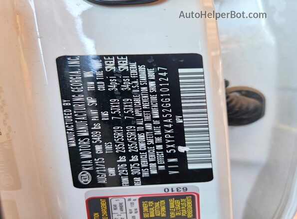 5XYPK4A52GG101247 2016 KIA SORENTO Белый Вид наклейки с VIN-кодом