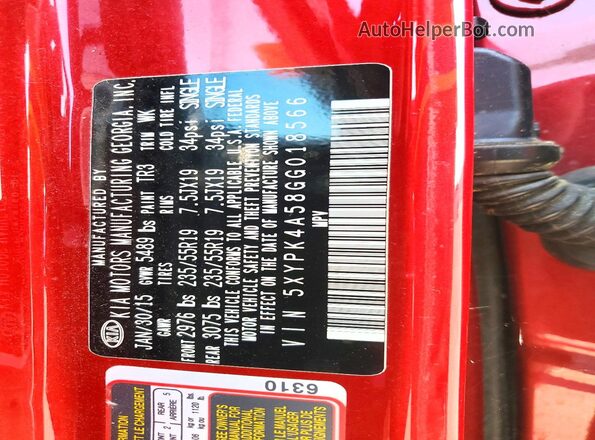 5XYPK4A58GG018566 2016 KIA SORENTO Red Widok naklejki z numerem VIN