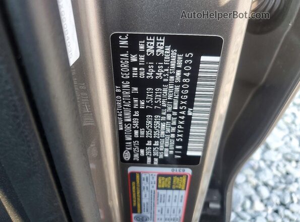 5XYPK4A5XGG084035 2016 KIA SORENTO Gray VIN კოდის სტიკერის ხედი