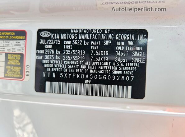 5XYPKDA50GG092807 2016 KIA SORENTO White VIN კოდის სტიკერის ხედი