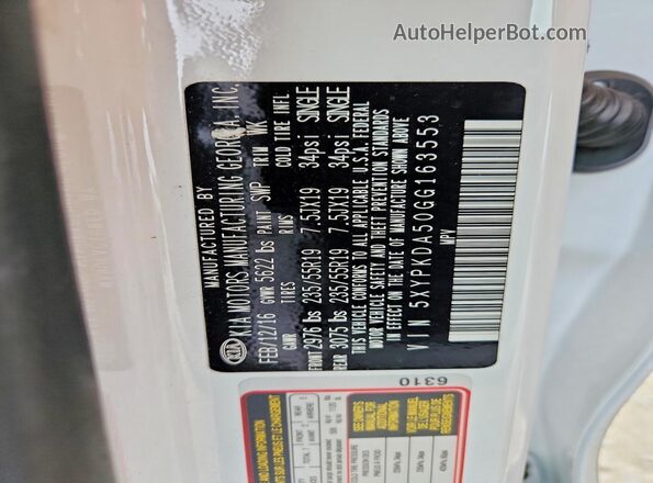 5XYPKDA50GG163553 2016 KIA SORENTO White Widok naklejki z numerem VIN
