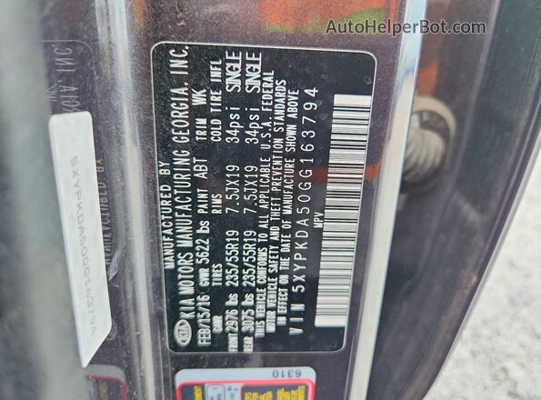 5XYPKDA50GG163794 2016 KIA SORENTO Угольный Вид наклейки с VIN-кодом