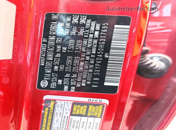 5XYPKDA50HG317695 2017 KIA SORENTO Red 360 interior view