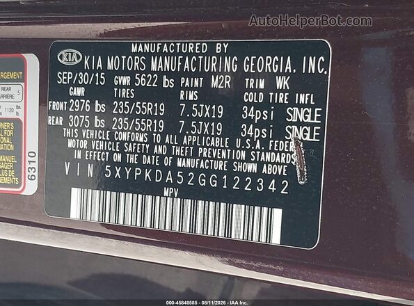5XYPKDA52GG122342 2016 KIA SORENTO Burgundy Vista del compartimento del motor
