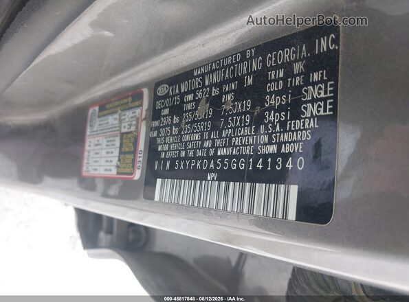 5XYPKDA55GG141340 2016 KIA SORENTO Gray ძრავის განყოფილების ხედი