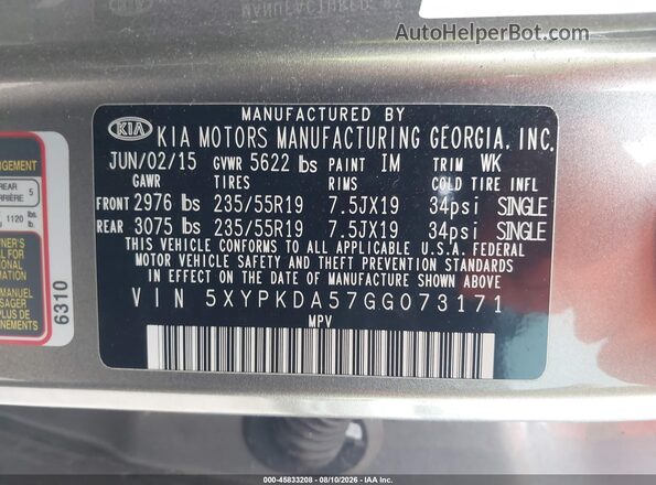 5XYPKDA57GG073171 2016 KIA SORENTO Gray Vista del compartimento del motor