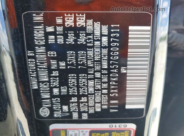 5XYPKDA57GG097311 2016 KIA SORENTO Black Widok naklejki z numerem VIN