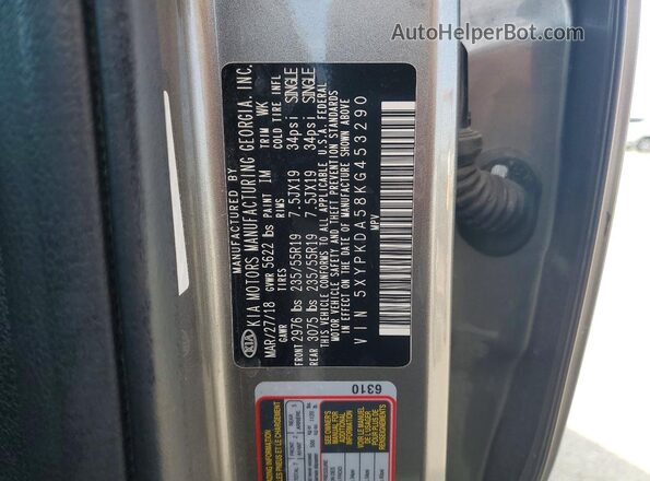 5XYPKDA58KG453290 2019 KIA SORENTO Gray VIN sticker view