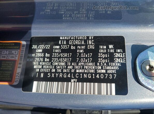 5XYRG4LC1NG140737 2022 KIA SORENTO Charcoal Widok naklejki z numerem VIN