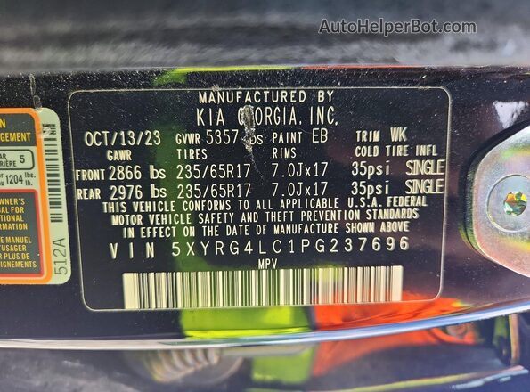 5XYRG4LC1PG237696 2023 KIA SORENTO Black VIN sticker view