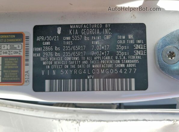 5XYRG4LC3MG054277 2021 KIA SORENTO White Widok naklejki z numerem VIN