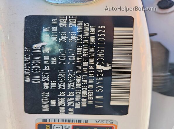 5XYRG4LC3NG110526 2022 KIA SORENTO White Շարժիչի բաժամունքի տեսք